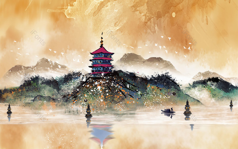 金色中国风手绘风景山水插画背景设计,插画/手绘图,插画/手绘图库,插画/手绘图下载,插画/手绘